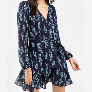 Jun & Ivy Size L Mini Dress Blue Aqua Floral V Neck Long Sleeves Ruffle Hem